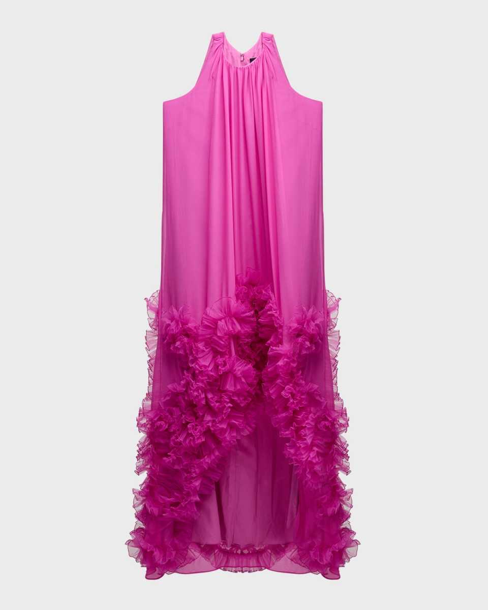 High-Low Ruffle-Trim Trapeze Gown